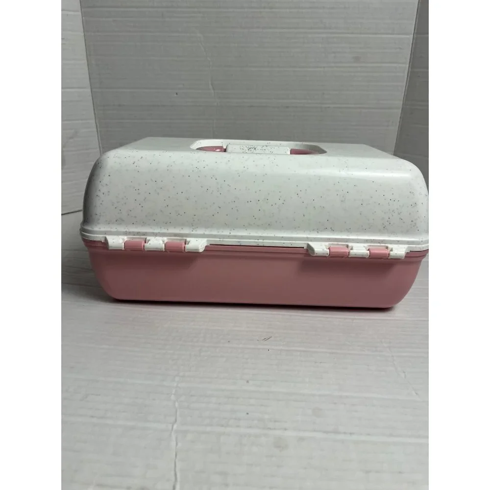 Vintage Caboodles Large Pink & White Speckled Makeup With Fold-Out Tray & Mirror